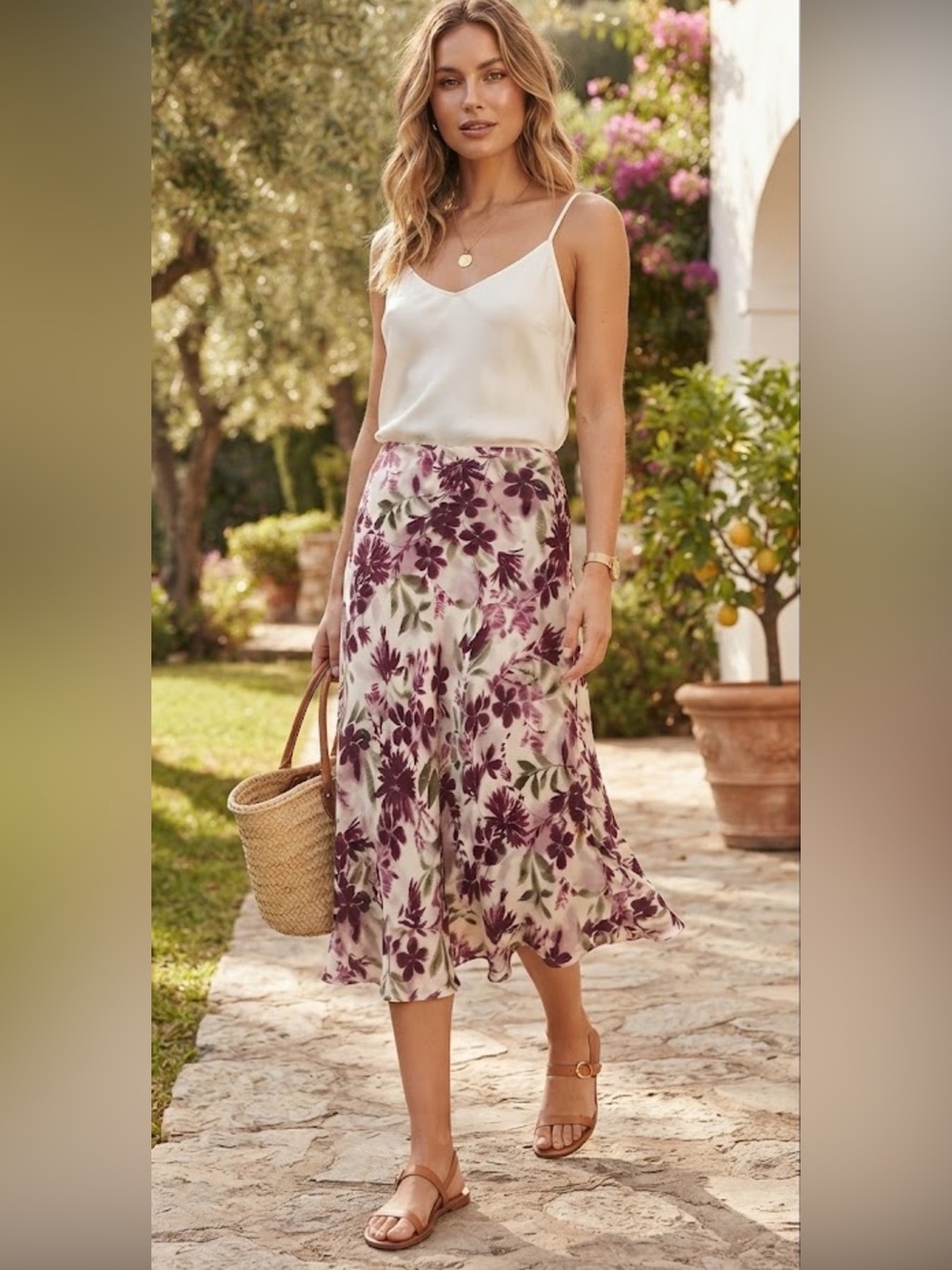 Kate Hill Silk Floral Midi Skirt Burgundy Cream Petite 12P